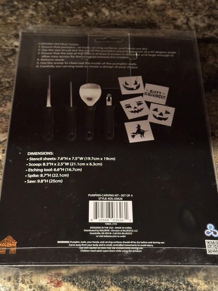 Kolorae Pumpkin Carving Kit~ 4 Tools, 5 Patterns NEW
