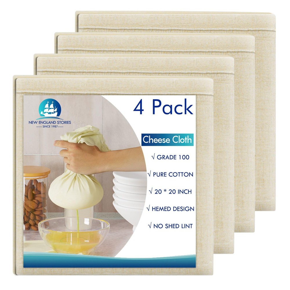 4 PCS Reusable Cheesecloth, Grade 100, 20x20 Inch Hemmed Cheese Cloth for Str...