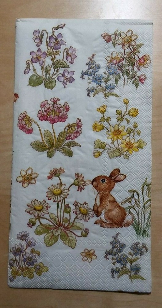 2 Pretty Paper Napkins, Small Brown Bunny with Flowers (8"x4")