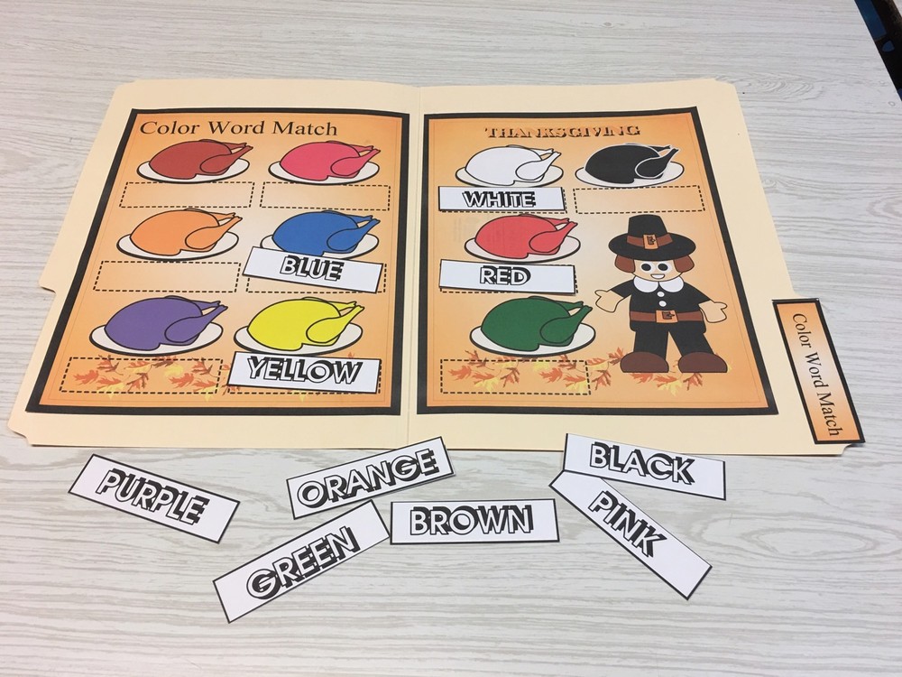 Thanksgiving - File Folder Game - Activity Set - Color Words Match