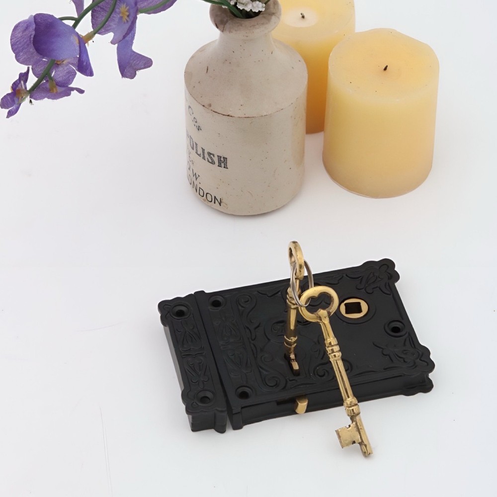 Rectangular Rim Lock Cast Iron Victorian Box Decorative w White Porcelain Knobs