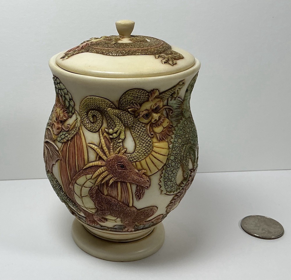 Jardinia Dragon ‘Fire Crackers’ Approximately 5”X6” Lidded Jar