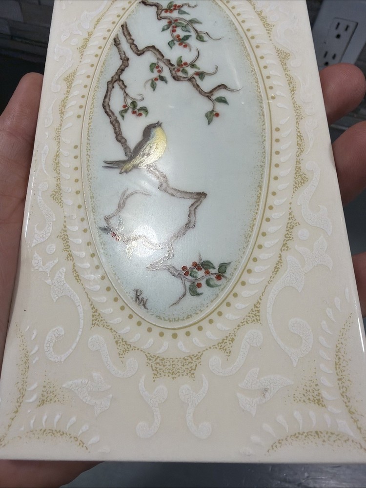 Pair Of Hand Painted Ceramic Bird / Tree Tiles 4” X 8”