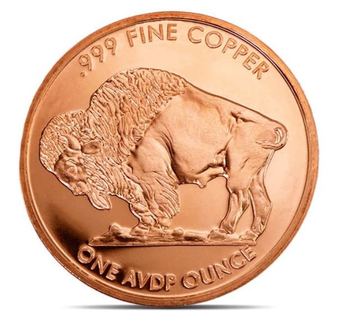 1 Oz. Solid .999 Fine Copper Round - Buffalo Nickel Design -