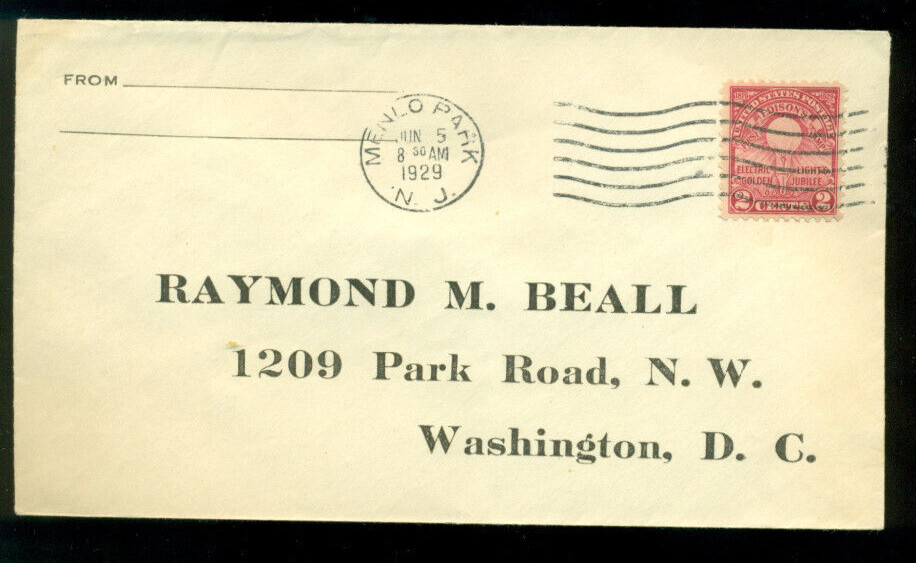 1929 FDC - Scott# 654 - Menlo Park Cancel - No Cachet  #A