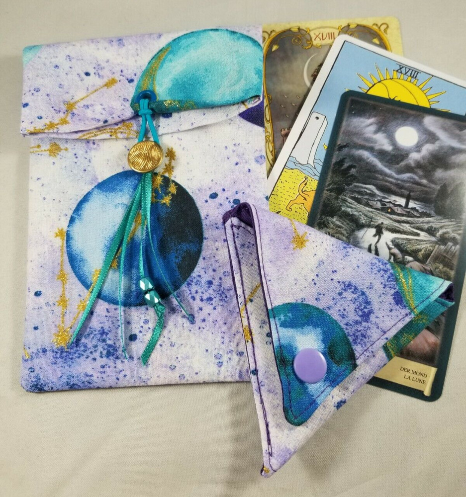 Tarot Card Pouch Handmade Purple Gold Moon with Beads PLUS Crystal Pouch