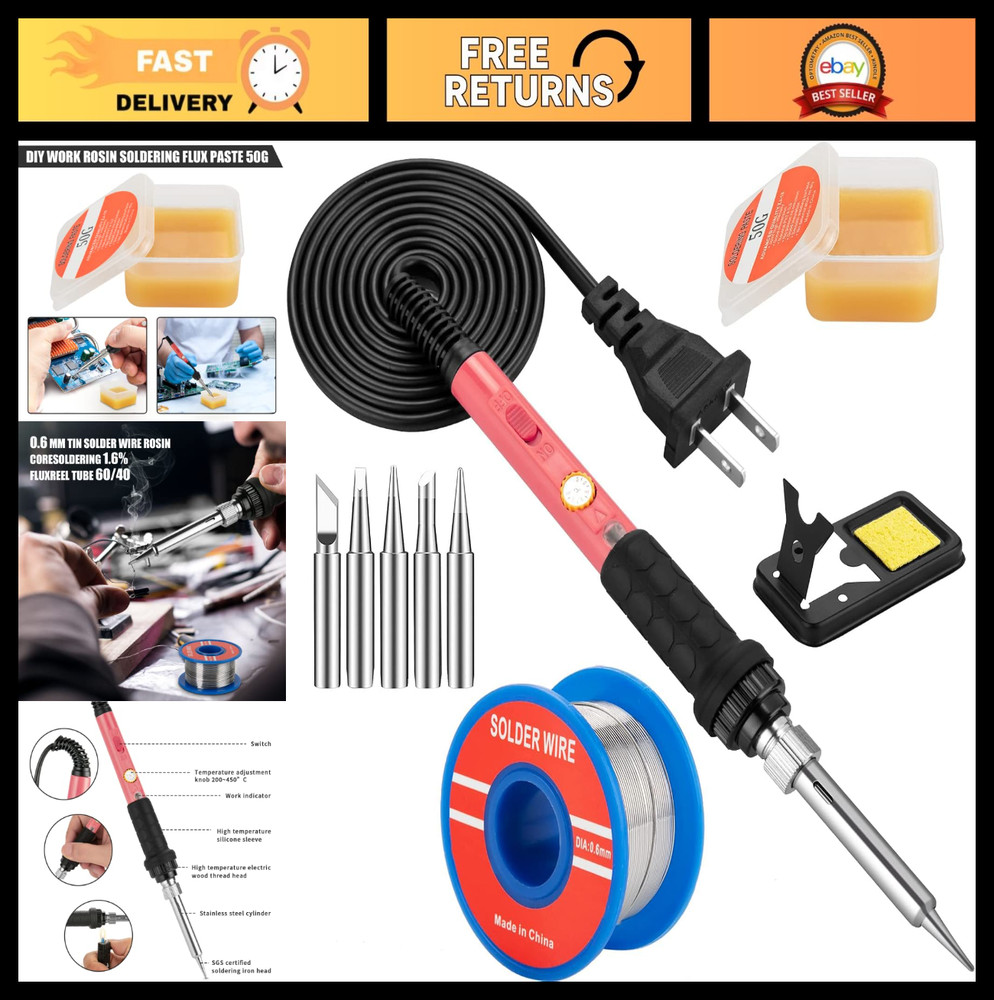 60W Soldering Iron Kit with 5 Interchangeable Tips, Adjustable Temp, Fast Heatin