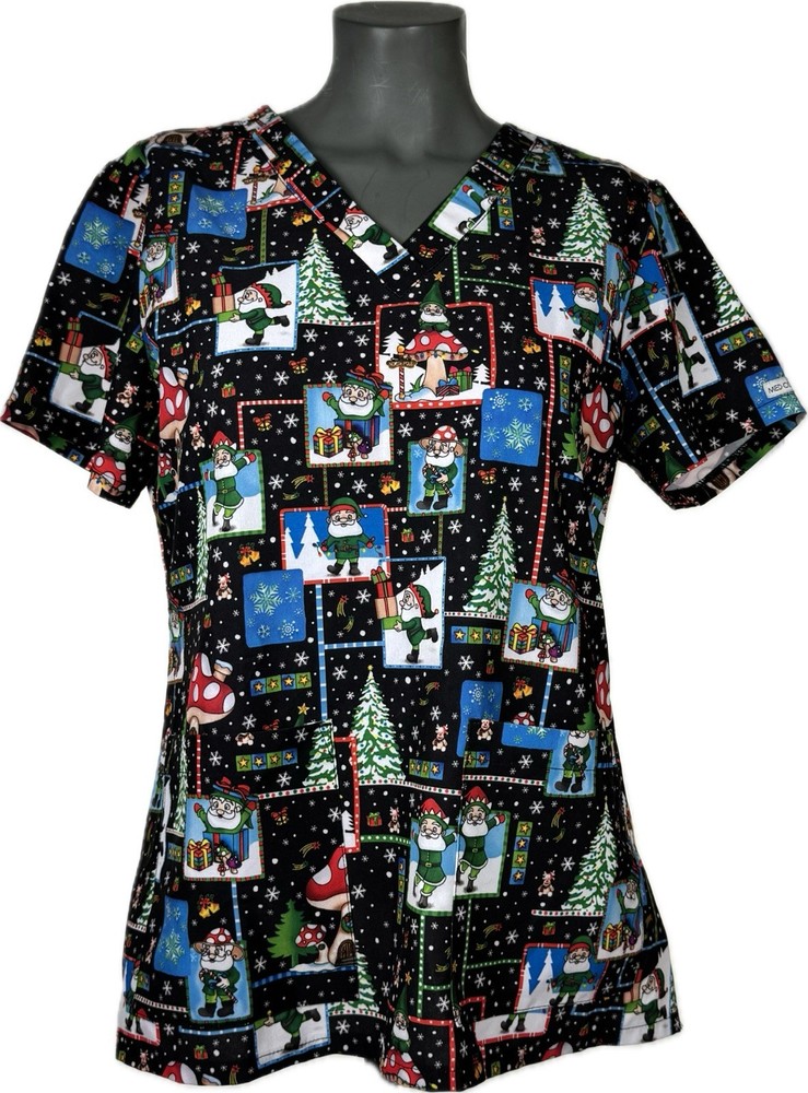 Women’s MED COUTURE Santa Elf Black Scrub Top Size Medium 0233