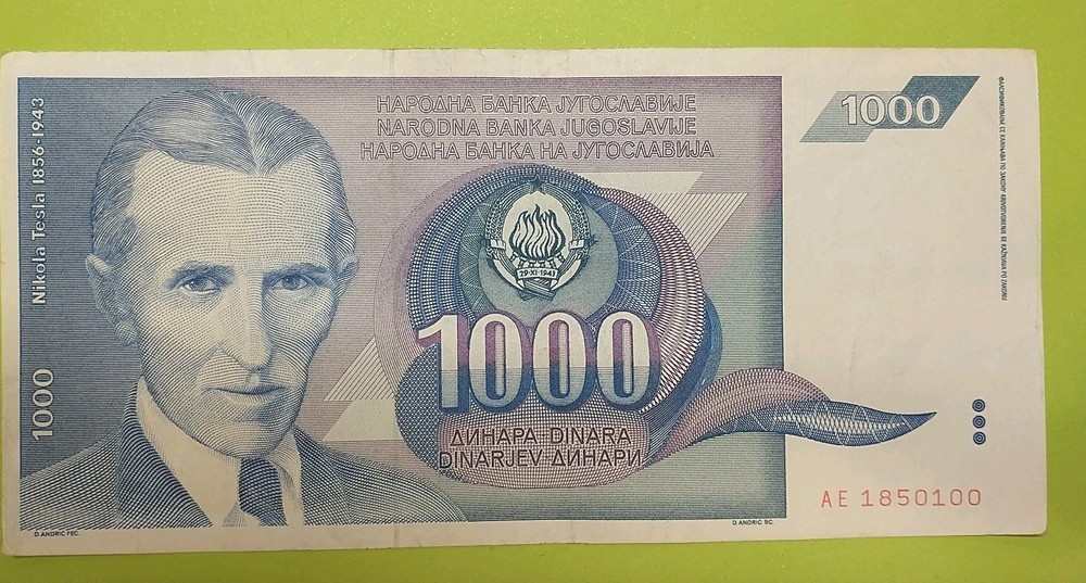 1991 Yugoslavia-1000 Dinara VF - Nicola Tesla