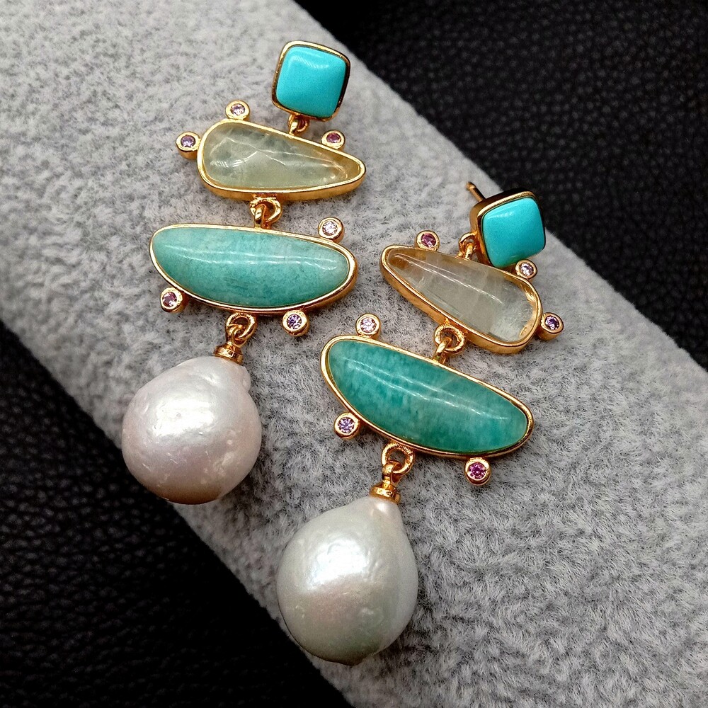 Freshwater White Pearl Blue Turquoise Green Amazonite Dangle Stud Earrings