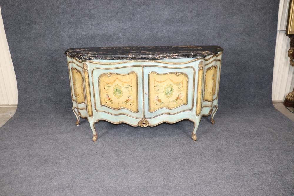 Outstanding Venetian Rococo Paint Decorated Portoro Marble Sideboard Buffet