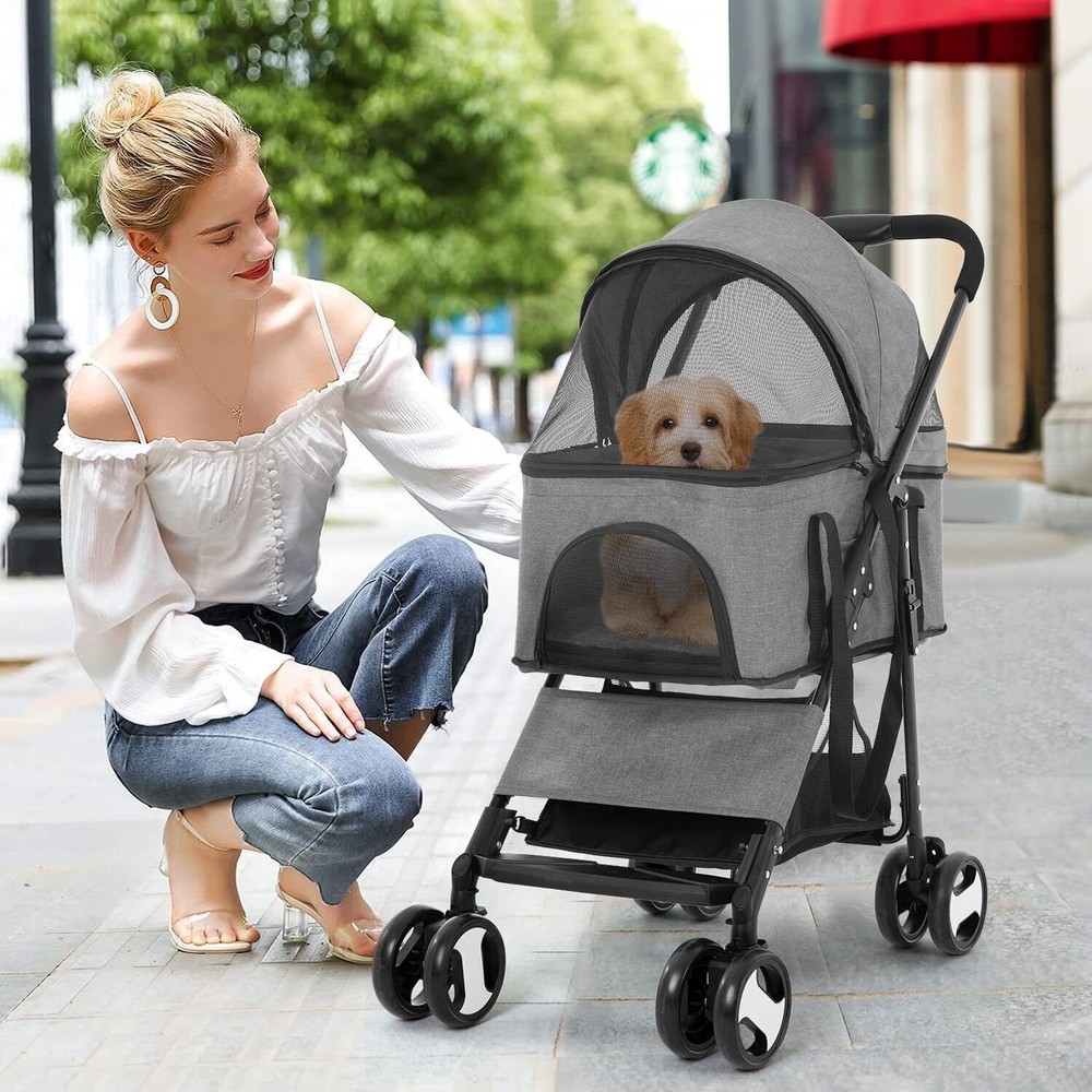 Extra Large Foldable Pet Stroller Travel Walk Carrier with Bottom Basket Storage