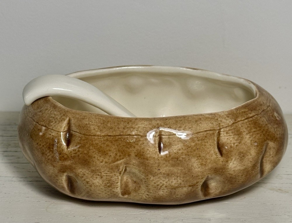 Vintage Potato Shaped Butter Dish w Spoon Brown Ceramic Farmhouse Kitchen Decor