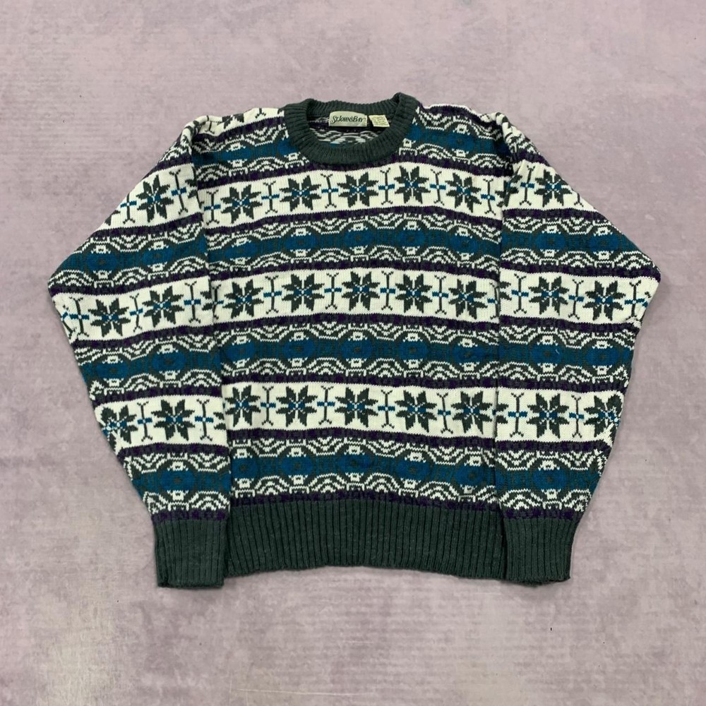 Vintage Knitted Jumper abstract snowflake patterned grandad knit sweater Women's