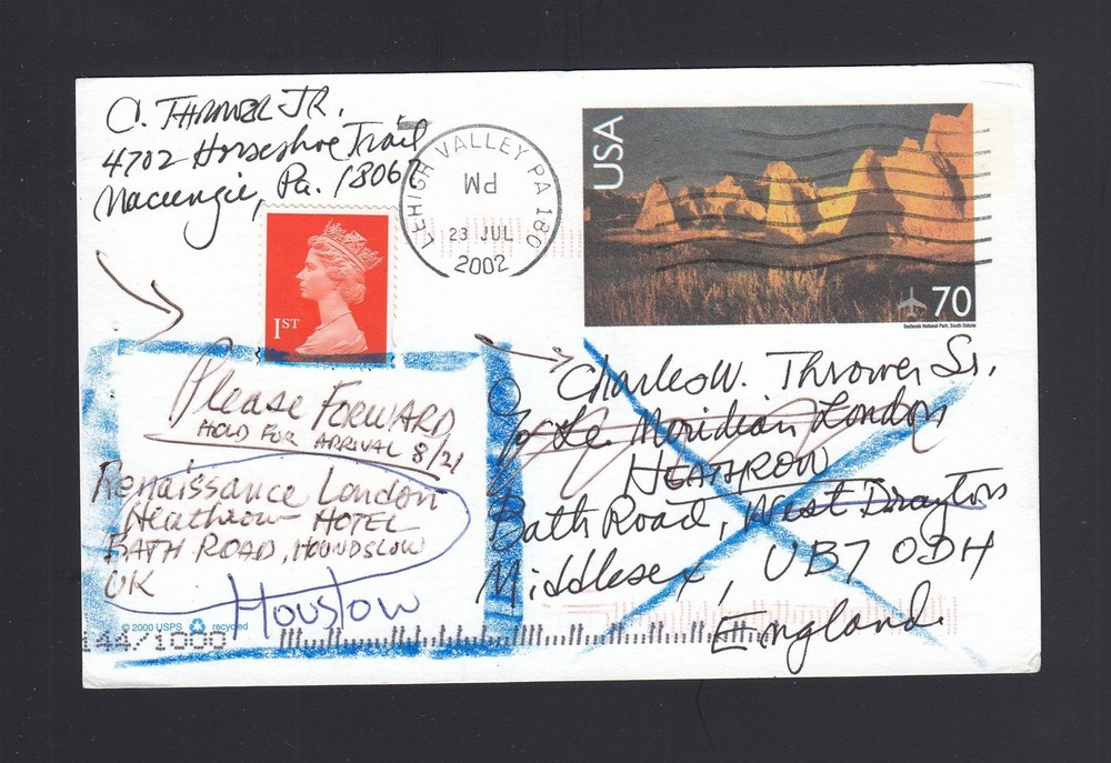 UXC28 70c AIR MAIL USED to ENGLAND- MAILED AGAIN W/GB Postage