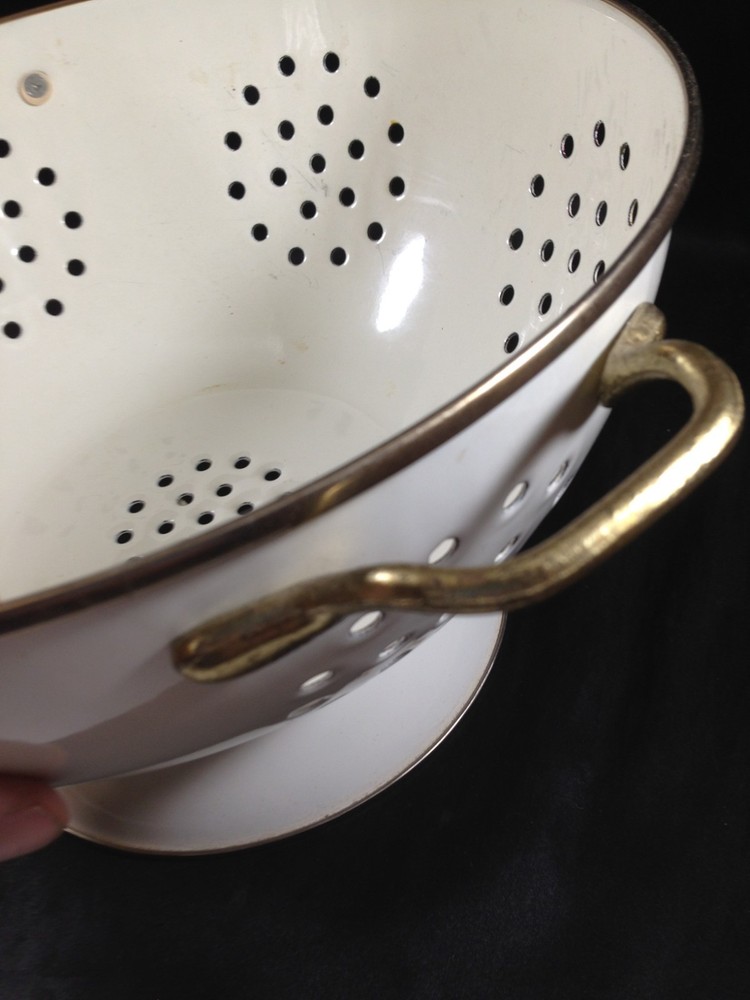 White Enamelware Footed Colander with Fruit Pattern Double Handle 11"