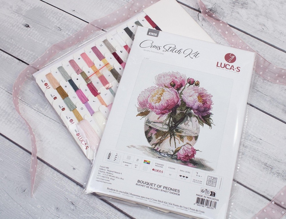 DIY Cross-Stitch Kit Peonies Bouquet Needlepoint Craft Kit Stitching Gift Set