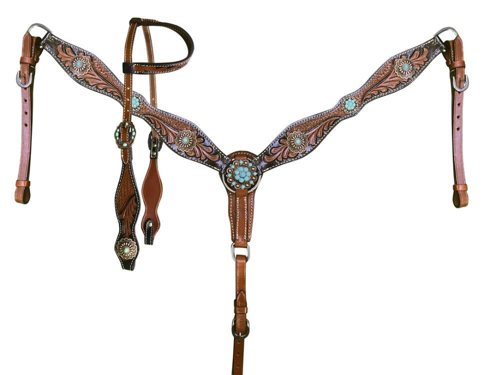 Showman Two-Tone Tooled Single Ear Horse Headstall and Breast Collar Set