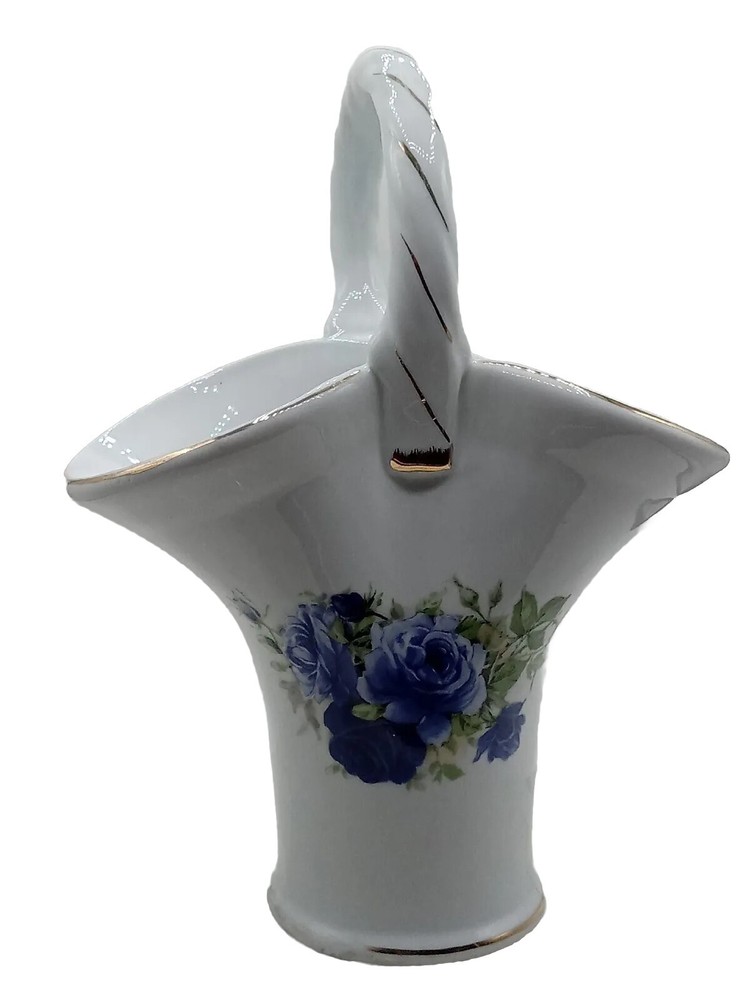FORMALITIES BY BAUM BROTHERS PORCELIAN HANDLE BASKET VASE ROSE DESIGN GOLD TRIM