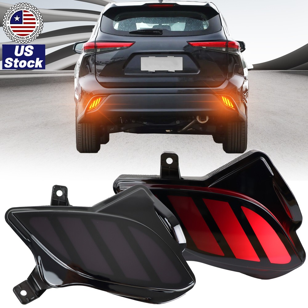 LED Rear Bumper Reflector Brake Light DRL Smoked For Toyota Highlander 2020-2023