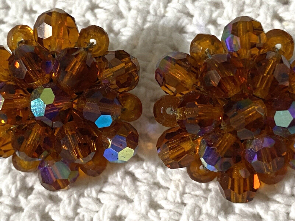 Vintage Orange Brown Aurora Borealis Cluster Earrings