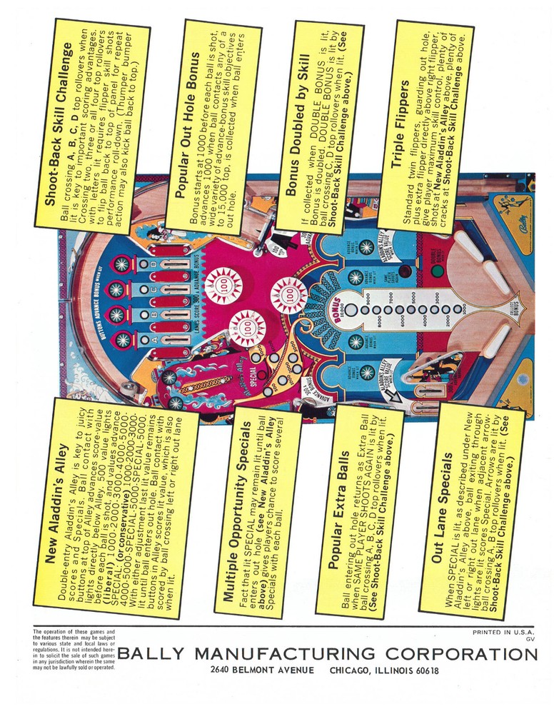 Aladdin's Castle Bally Pinball Flyer / Brochure / Ad - Mint Condition -