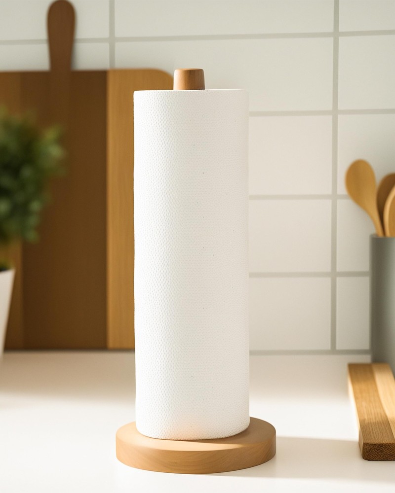 Solid Wood Paper Towel Stand, Space Saving Countertop Holder, Stable Base, Brown