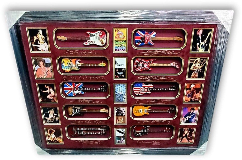 10 legendary Rock Guitarists Framed + Mini Guitars and Facsimile Signature WOW