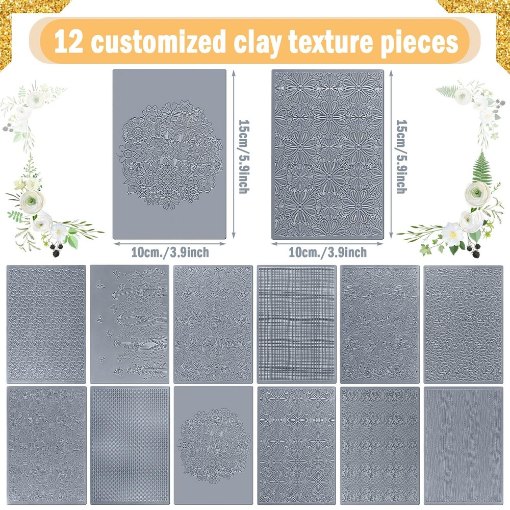 12 Pcs Polymer Clay Texture Sheets Mat Works with Polymer Clay Cutter Embossi...