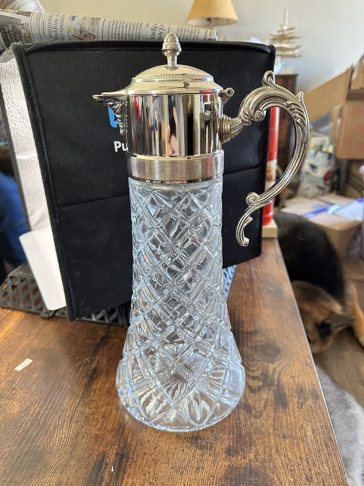 Vintage Cut Glass Beverage Decanter with Silver Plate Flip Top