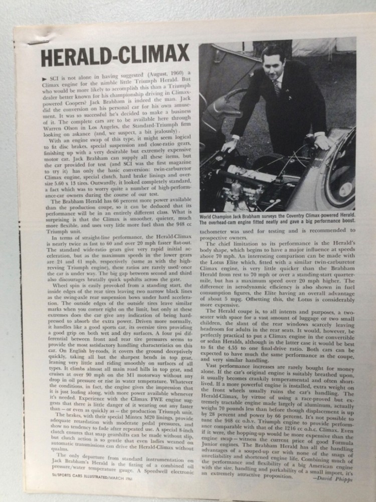 RacingArt191 Racing Article Road Test Herald Climax Jack Brabham Mar 1961 2 page