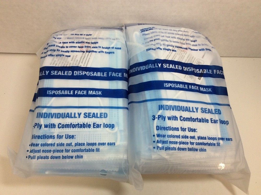 100 Pcs Blue Disposable Face Mask 3-Ply Ear-loop Mouth Cover, Individual Wrapped