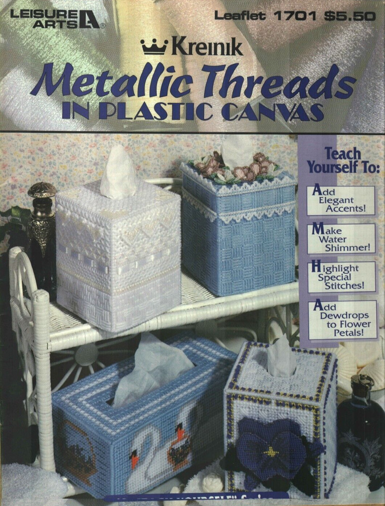 NEW METALLIC THREADS 9 TISSUE BOX COVERS PLASTIC CANVAS PATTERN BOOK