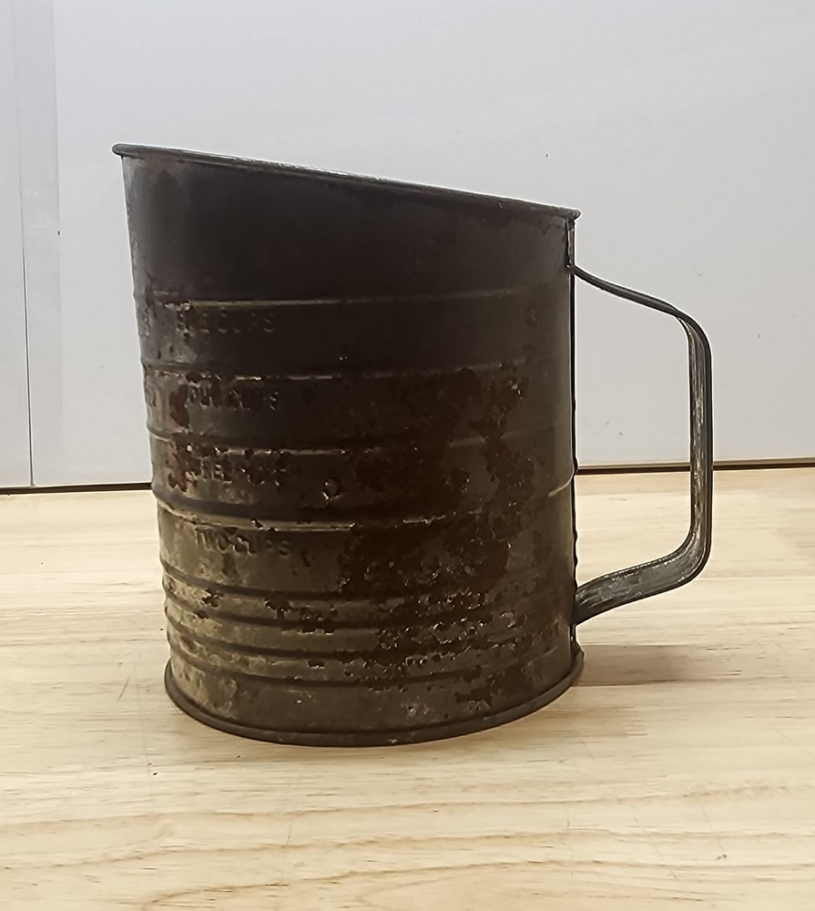 Antique Bromwell 5-Cup Tin Flour Sifter Hand Crank Embossed Cups