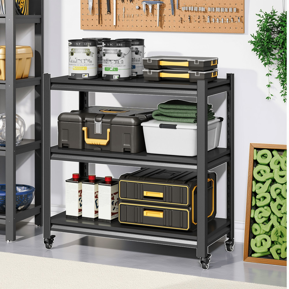 Rolling Garage Shelving Metal 3 Tier Storage Shelves Adjustable Shelves Workshop