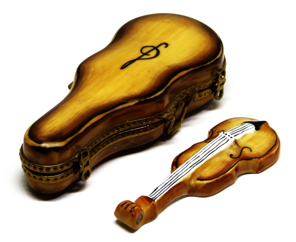 LIMOGES BOX ~ ROCHARD ~ VIOLIN IN A BROWN 'LEATHER' CASE ~ MUSIC ~ HAND PAINTED