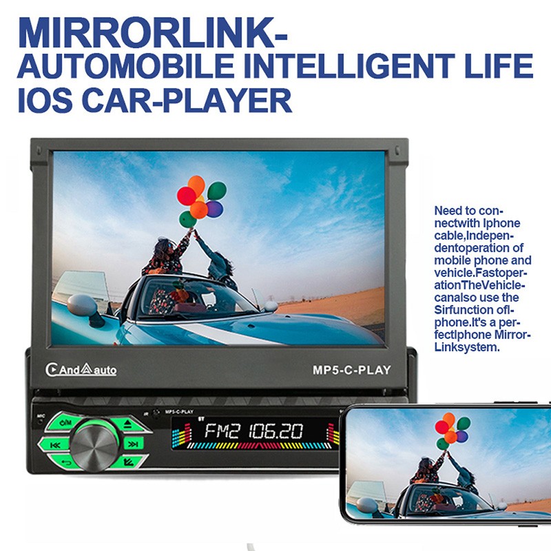MP5 Single Spindle Player Car Electric Telescopic Screen 9601C-CARPLAY 7"