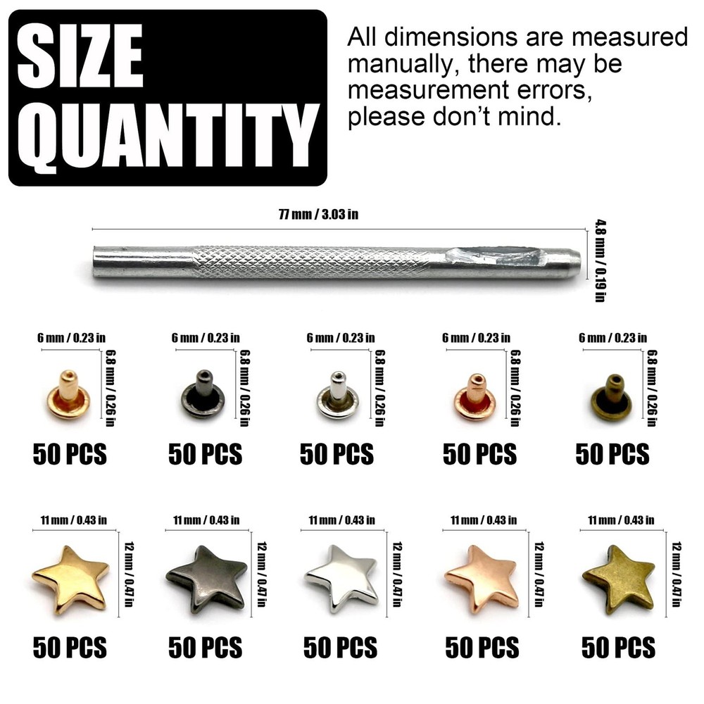 INKNOTE 250 Sets 5 Colors Metal Star Rivets Five-Pointed Nails Garment Leathe...