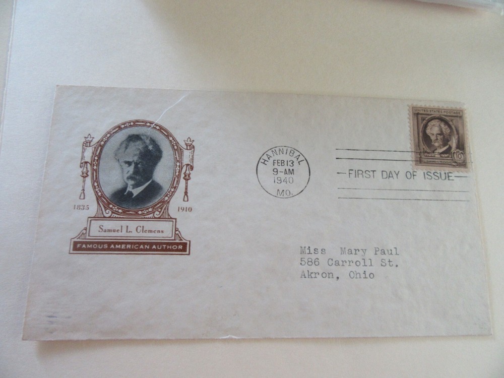 Mark Twain-Samuel L. Clemens 10c Stamp 1940 Fdc Sc#863 Ioor Cover #1