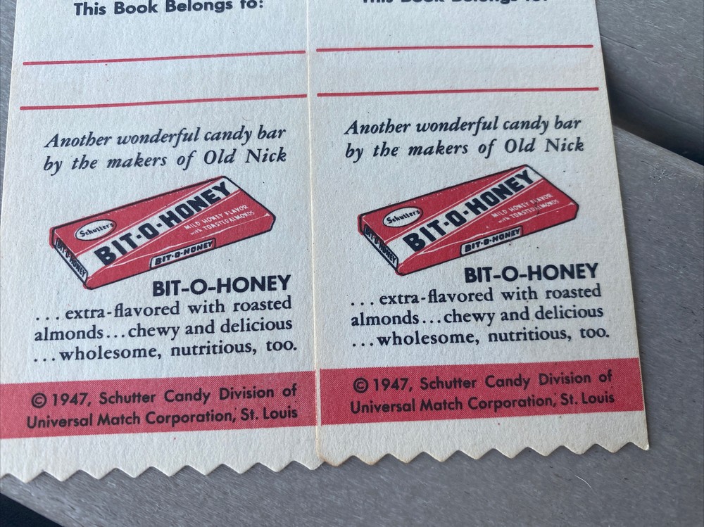 2 Each 1947 OLD NICK BIT O' HONEY CANDY BAR 8" BOOKMARK Mint