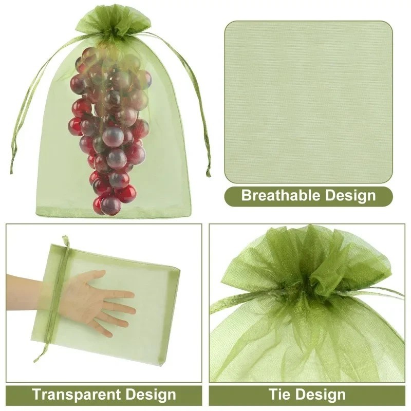 100Pcs Green Mesh Fruit Protection Bags 4x6" Drawstring Reusable Cover