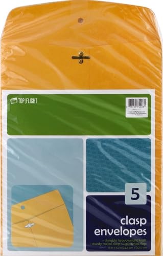 Top Flight Clasp Envelopes, Gummed and Clasped Closure, 9 x One Size, Brown