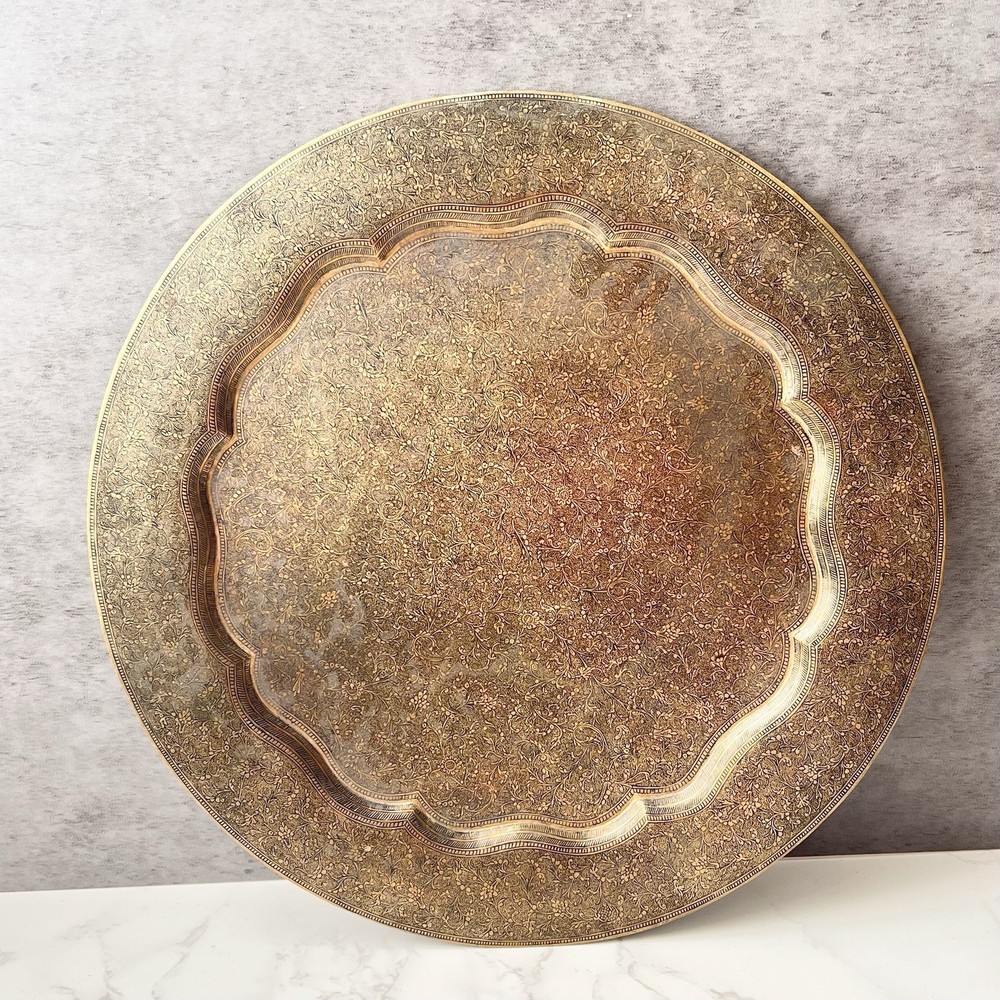 Vintage Hand Etched Brass Plate Tray 12” Round Scrolls Leaves