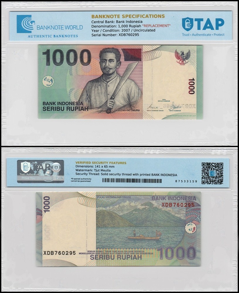 Indonesia 1000 Rupiah, 2007, P-141h, UNC, Replacement, TAP Authenticated