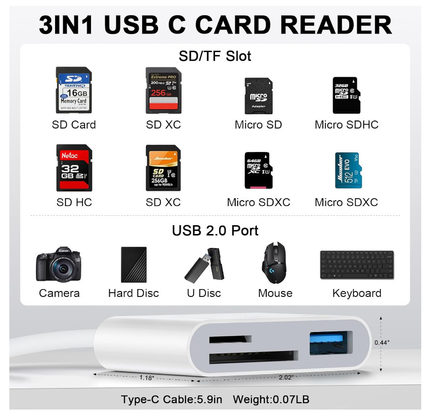 USB C SD Card Reader, Type C Memory Reader for Samsung Galaxy S25 white