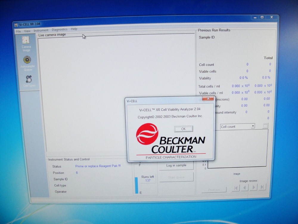 Beckman Coulter Vi-Cell XR Cell Viability Analyzer W/ Win 7 Software 2.04