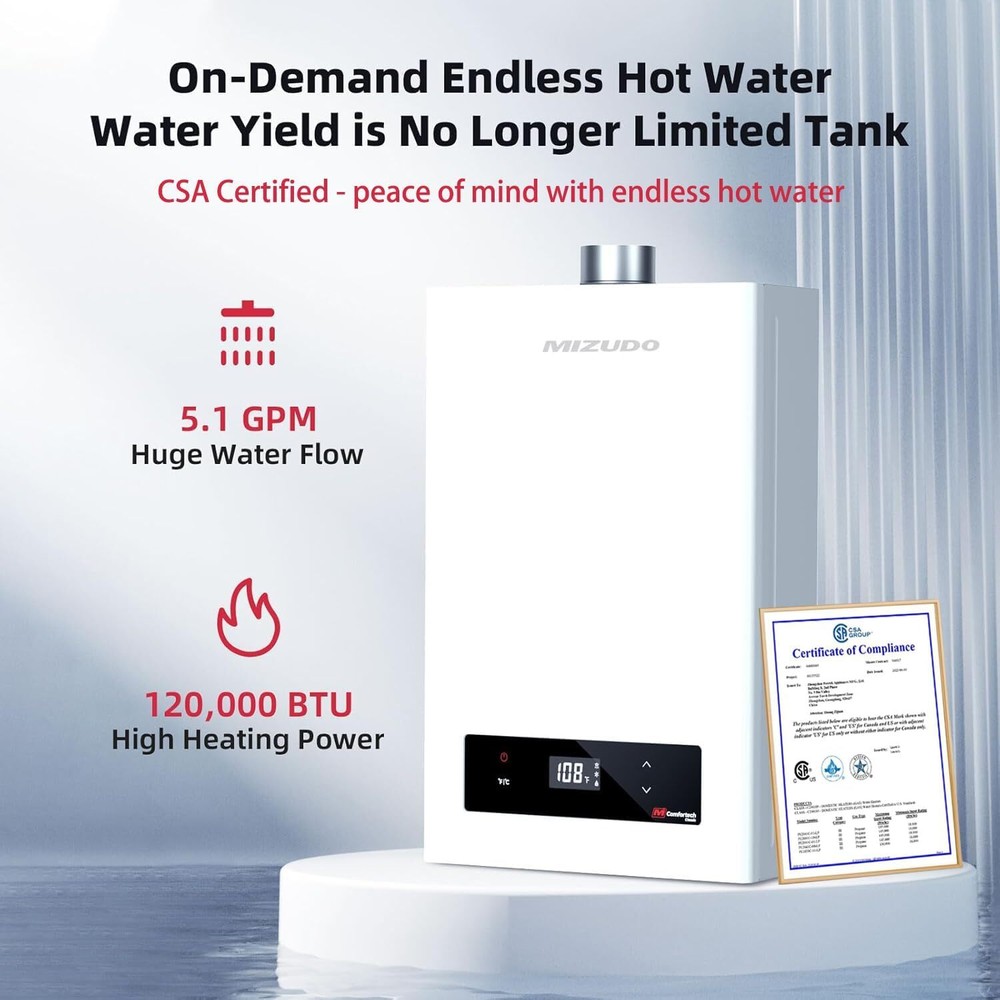 MIZUDO 5.1GPMTankless Water Heater Propane Gas 120,000 BTU For Whole House Use