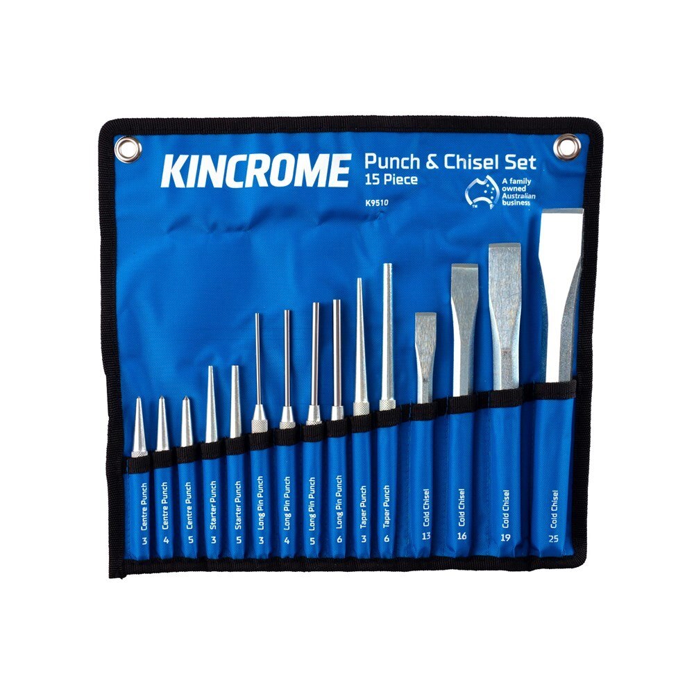 KINCROME 15 PIECE CHISEL & PUNCH SET CRV STEEL WITH NYLON STORAGE WALLET K9510