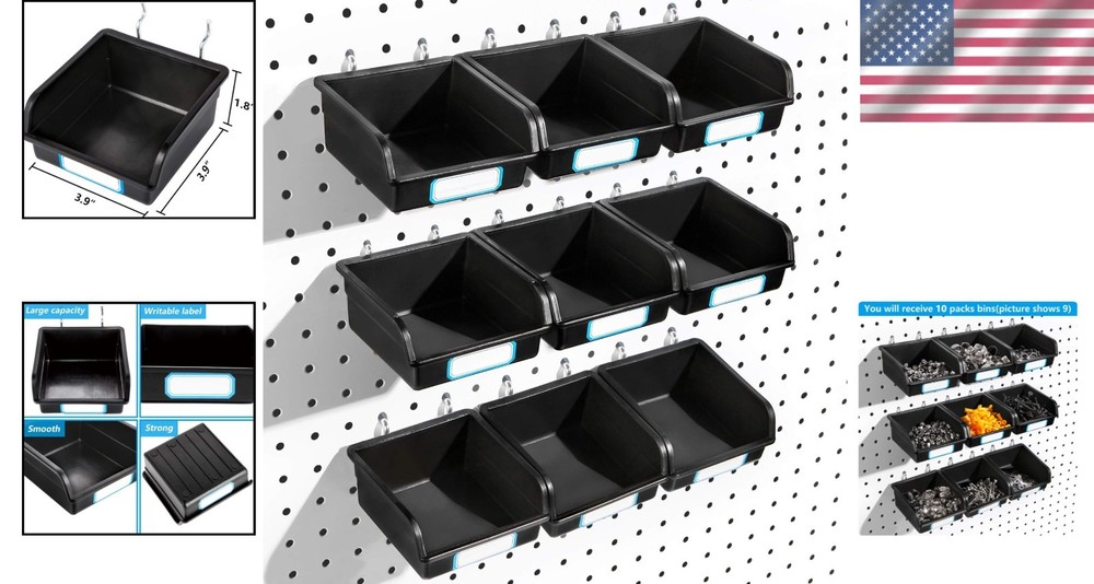 Versatile 10-Pack Pegboard Bins - Durable Black Design with Metal Hooks & Labels