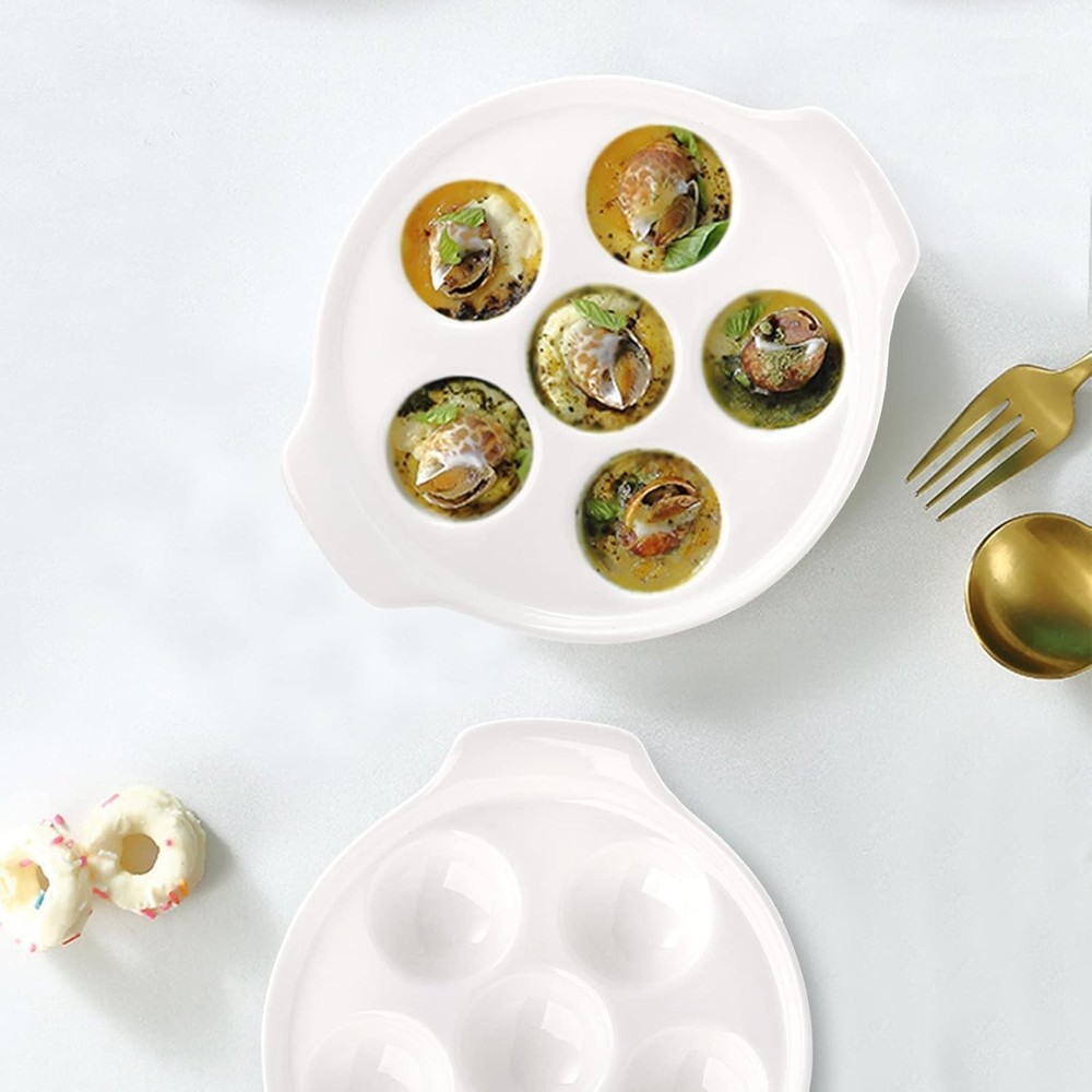 4 Pack Ceramic Escargot Plates with 6 Holes 6.5" Seafood Baking Dish Handle Home